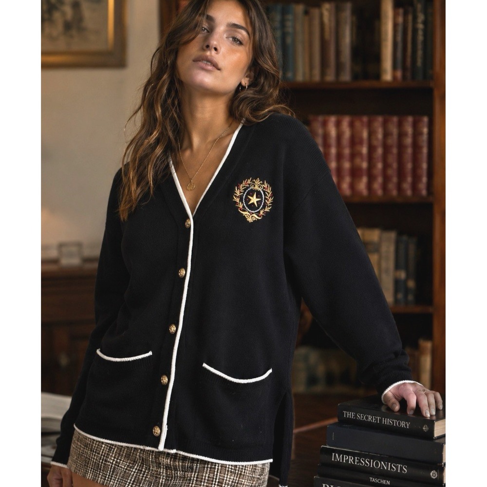 Vintage Bay Point Threads Womens Cardigan Sweater Size L Crest Academia USA Prep